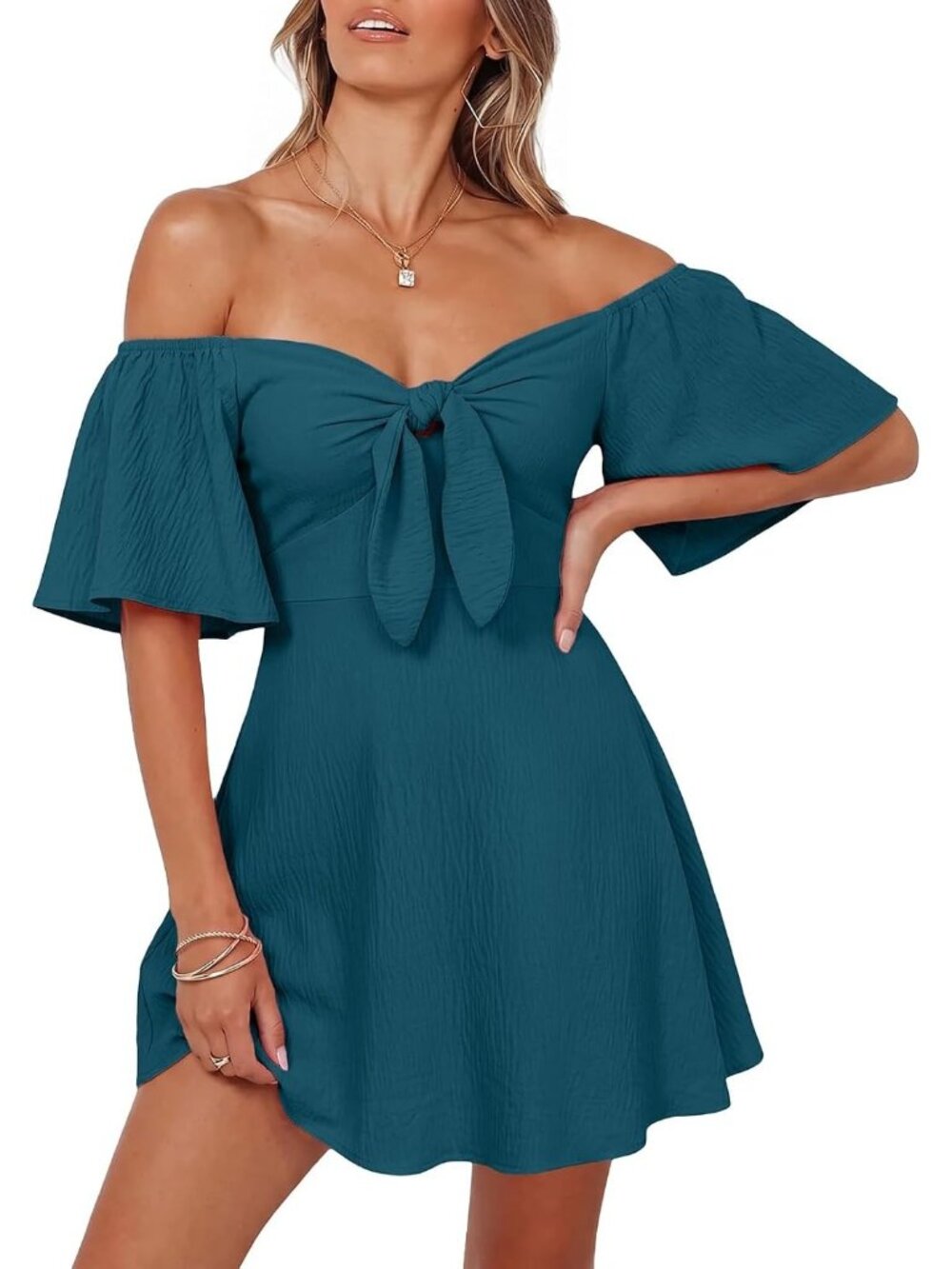 Women's Sea Green Summer Deep Short Sleeve V Neck Elegant Bow Tie Mini Dresses